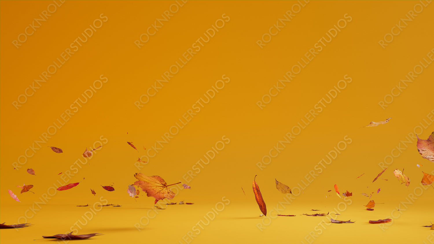 Mustard Yellow Holiday Background with Falling Autumn Leaves. Natural Banner with copy-space.