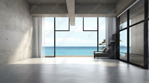 Sea View Living Room Background. Stylish Interior Design. Generative AI.