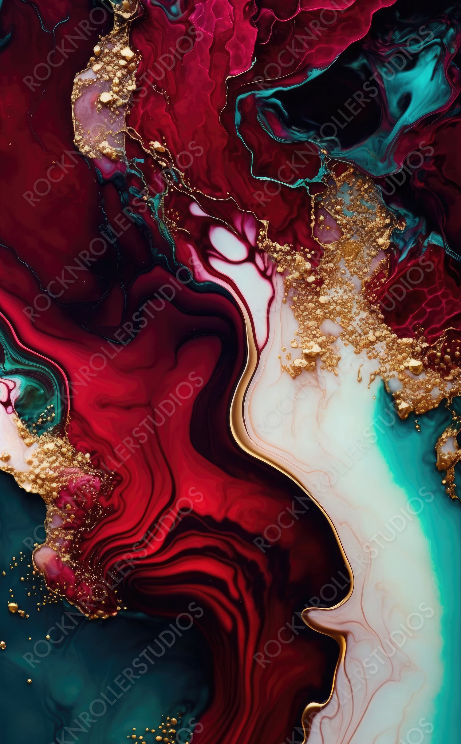 Beautiful Crimson Liquid Swirls with Gold Powder. Luxurious Design Wallpaper. Generative AI.