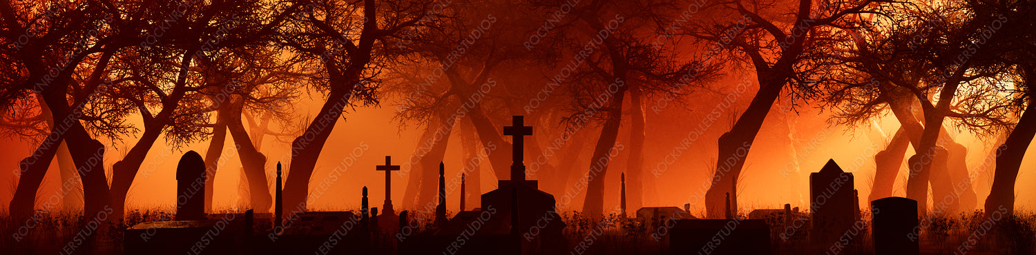 Trees and Gravestones Silhouetted in a Thick Orange Mist. Night scene in Atmospheric Cemetery. Halloween Concept.