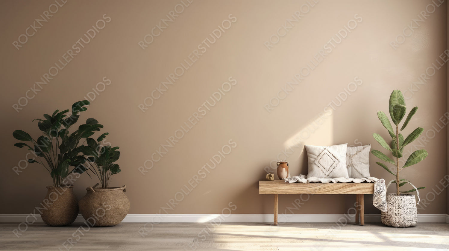 Stylish Interior Design Background. Boho Living Room. Generative AI.
