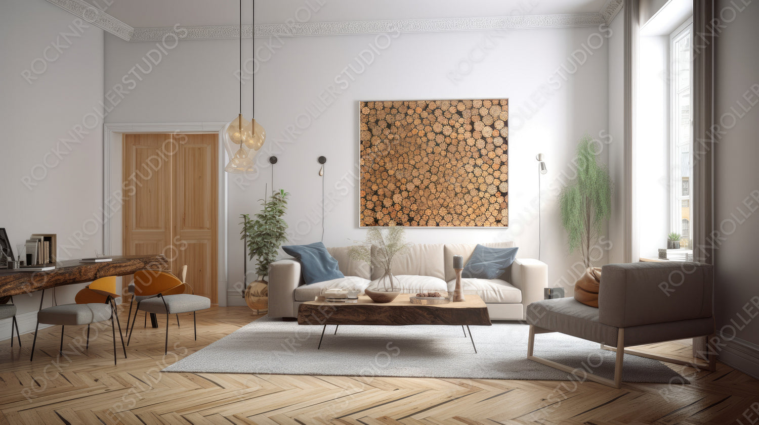 Stylish Interior Design Background. Scandinavian Living Room. Generative AI.