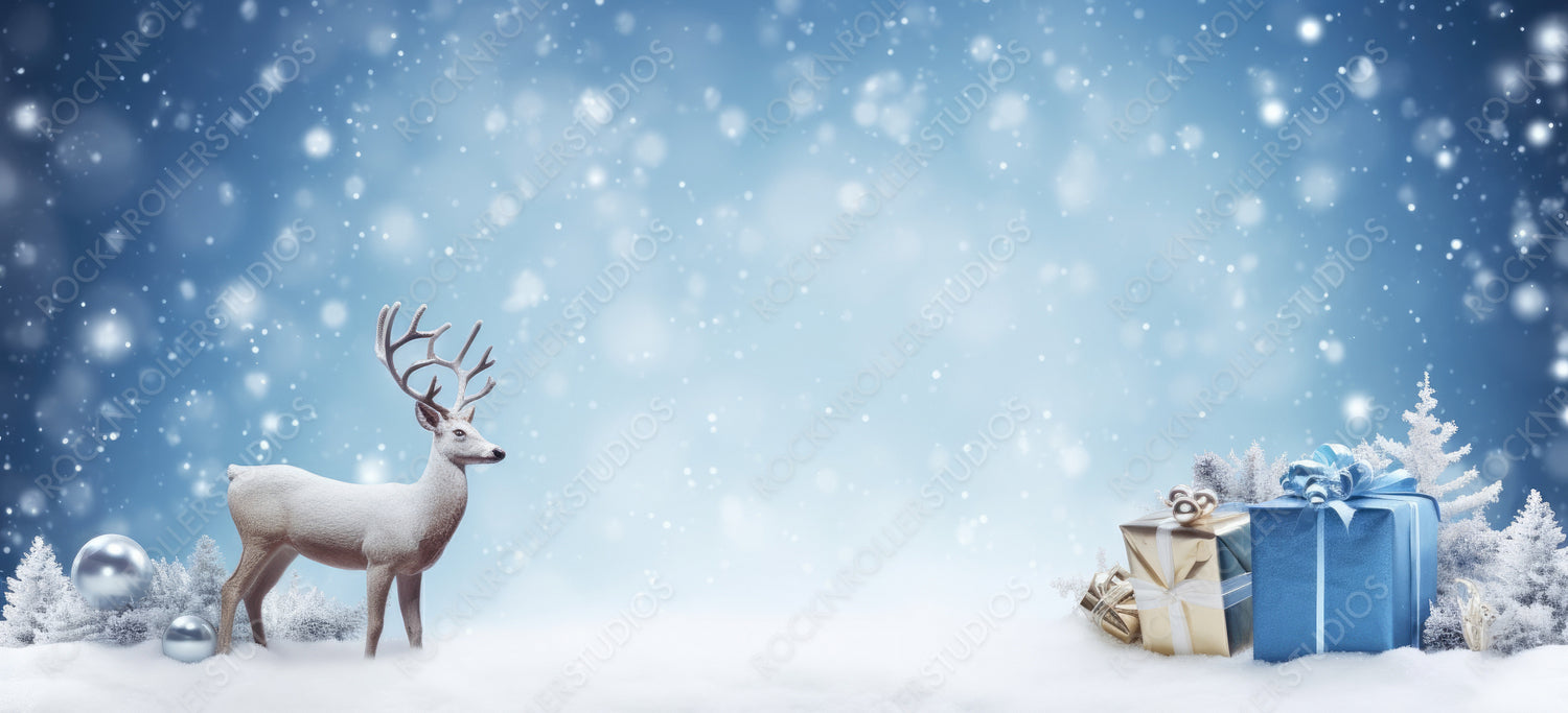 Christmas background with white decorative deer and gift box in snow on evening blue sky background in snowfall. Banner format, copy space.