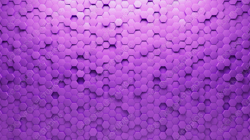 Hexagonal, 3D Mosaic Tiles arranged in the shape of a wall. Polished, Semigloss, Bricks stacked to create a Purple block background. 3D Render
