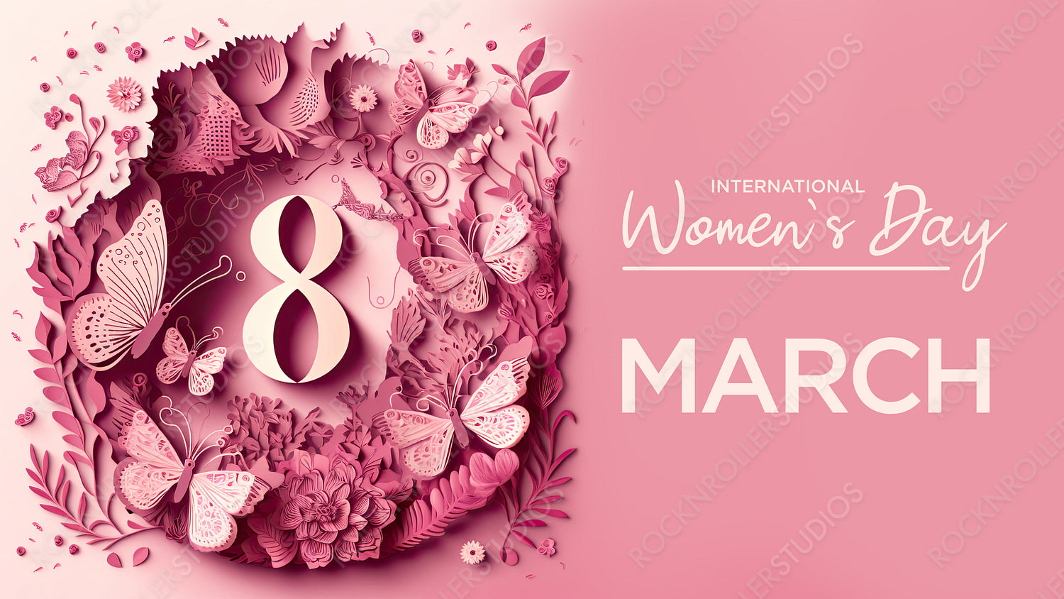 Paper Cut Design to Celebrate International Woman's Day. Beautiful Pink Floral Background with Number 8, Flowers and Caption. Generative AI.