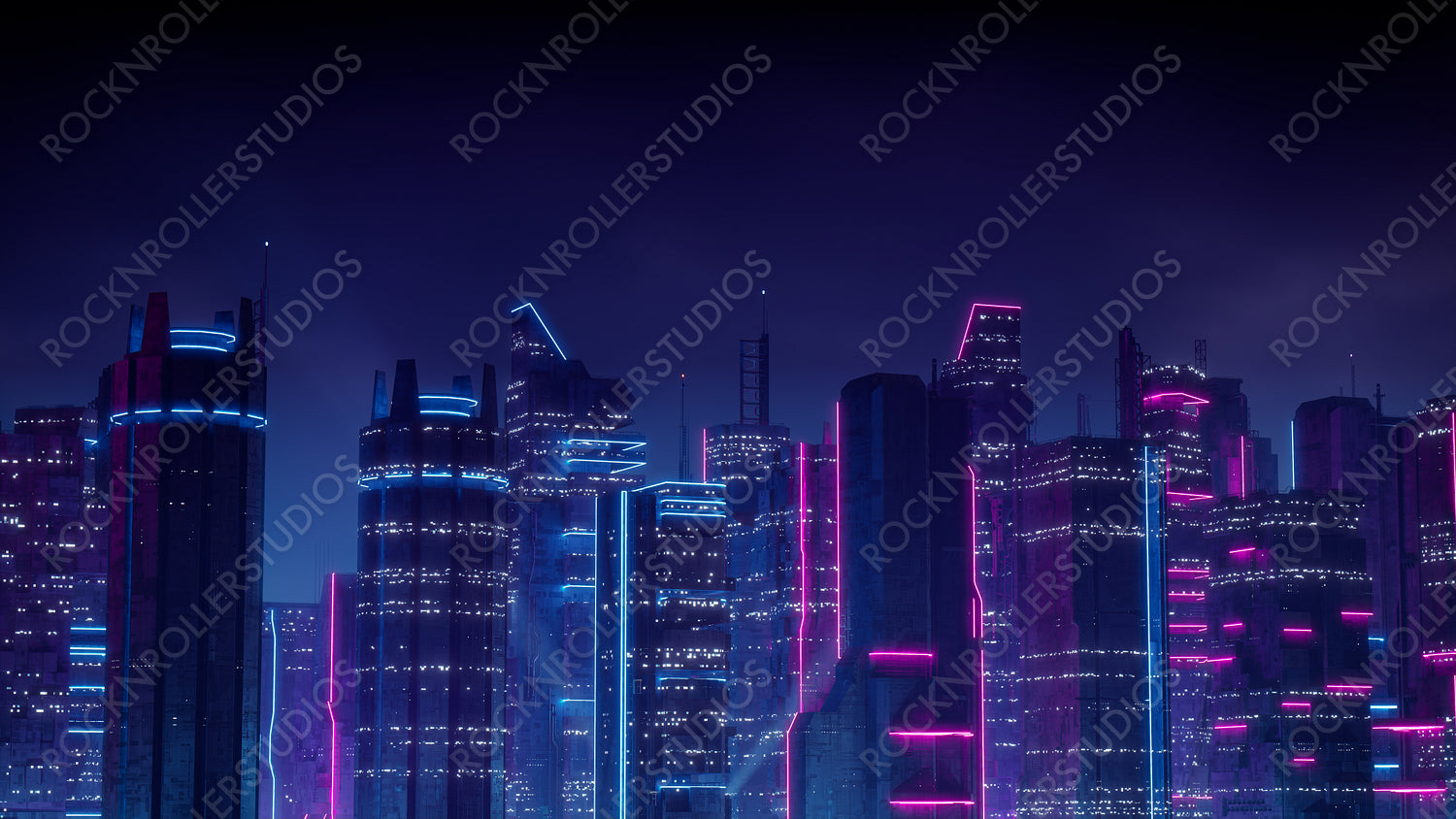 Sci-fi City Skyline with Blue and Pink Neon lights. Night scene with Advanced Skyscrapers.