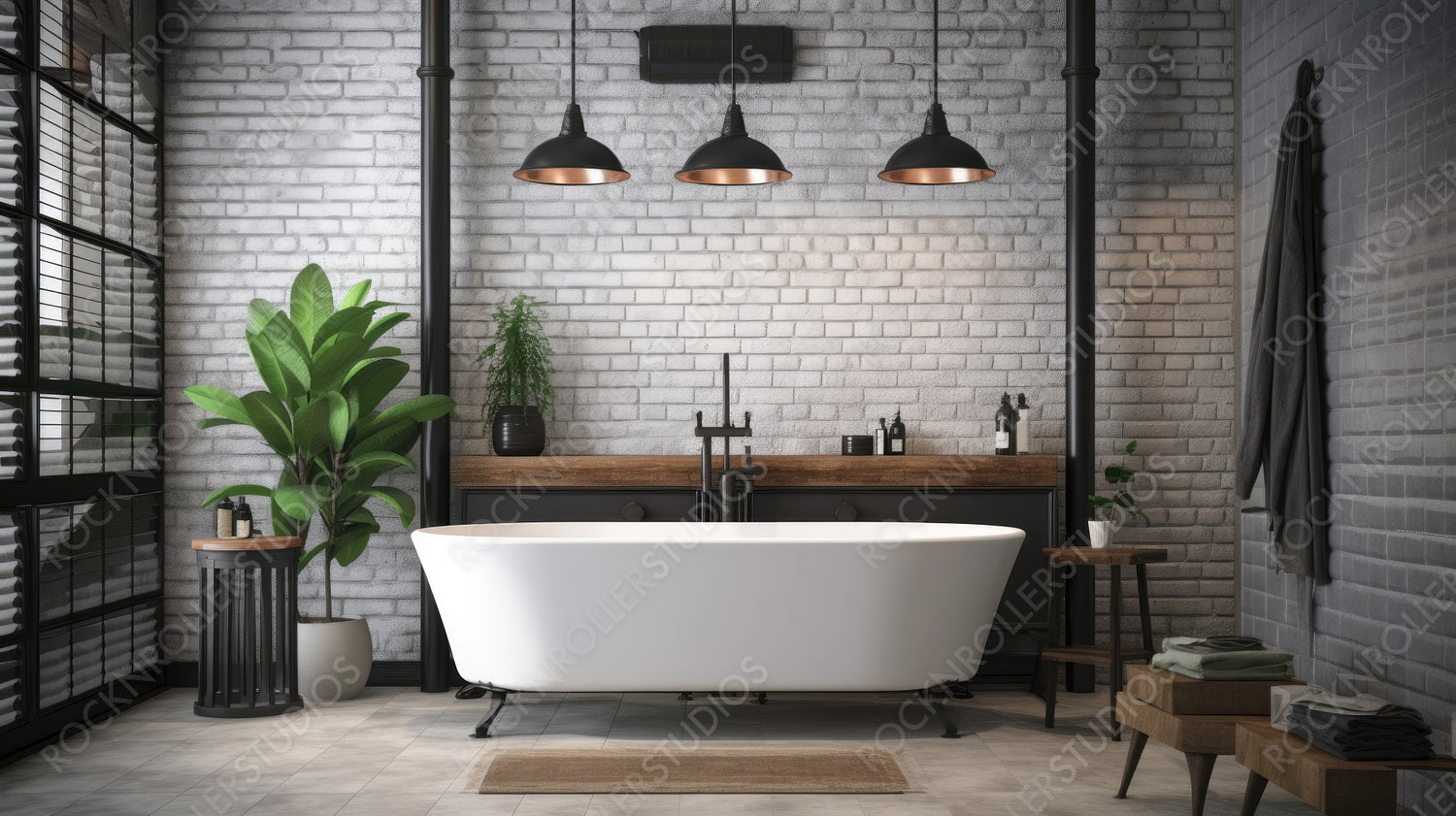 Industrial Interior Design Background. Contemporary Bathroom. Generative AI.