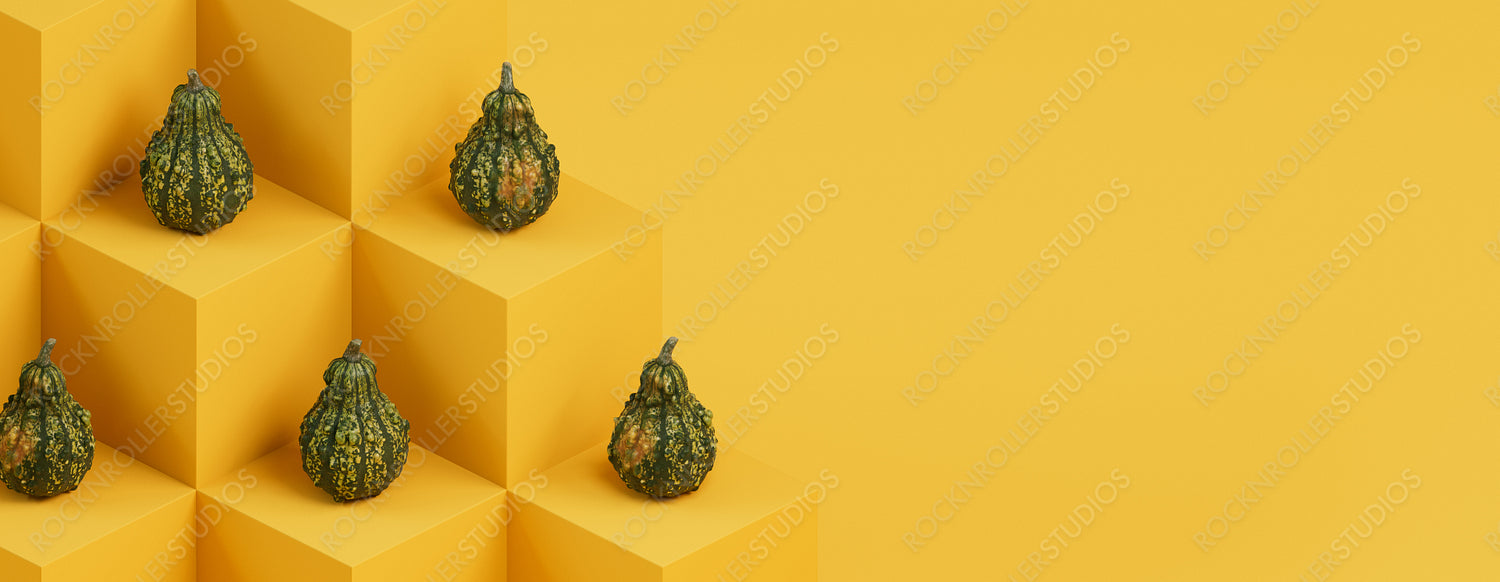 Contemporary Autumn Background with Squashes on Mustard Yellow 3D Blocks.