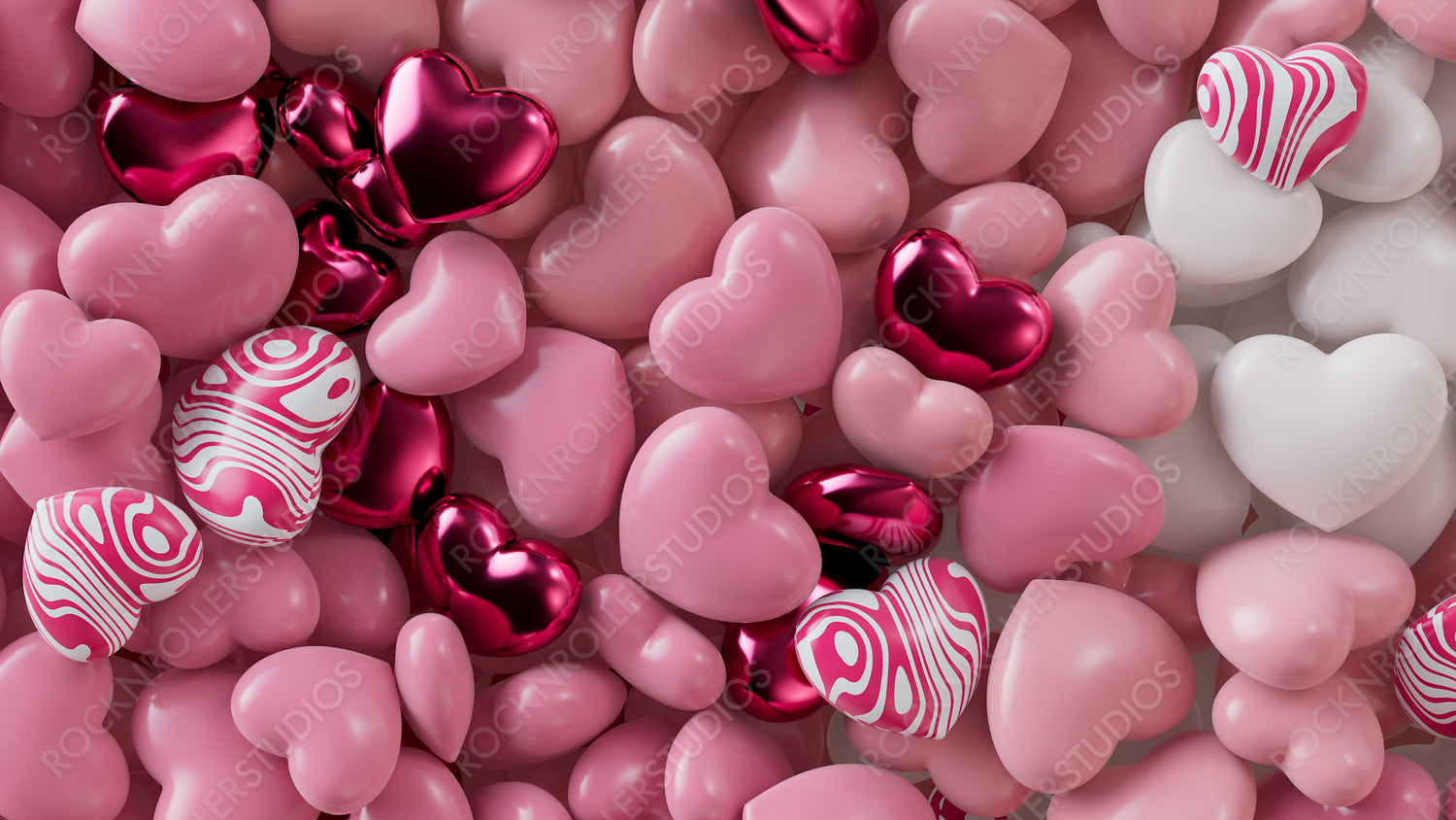 Multicolored Heart background. Valentine Wallpaper with Pink, White and Metallic love hearts. 3D Render