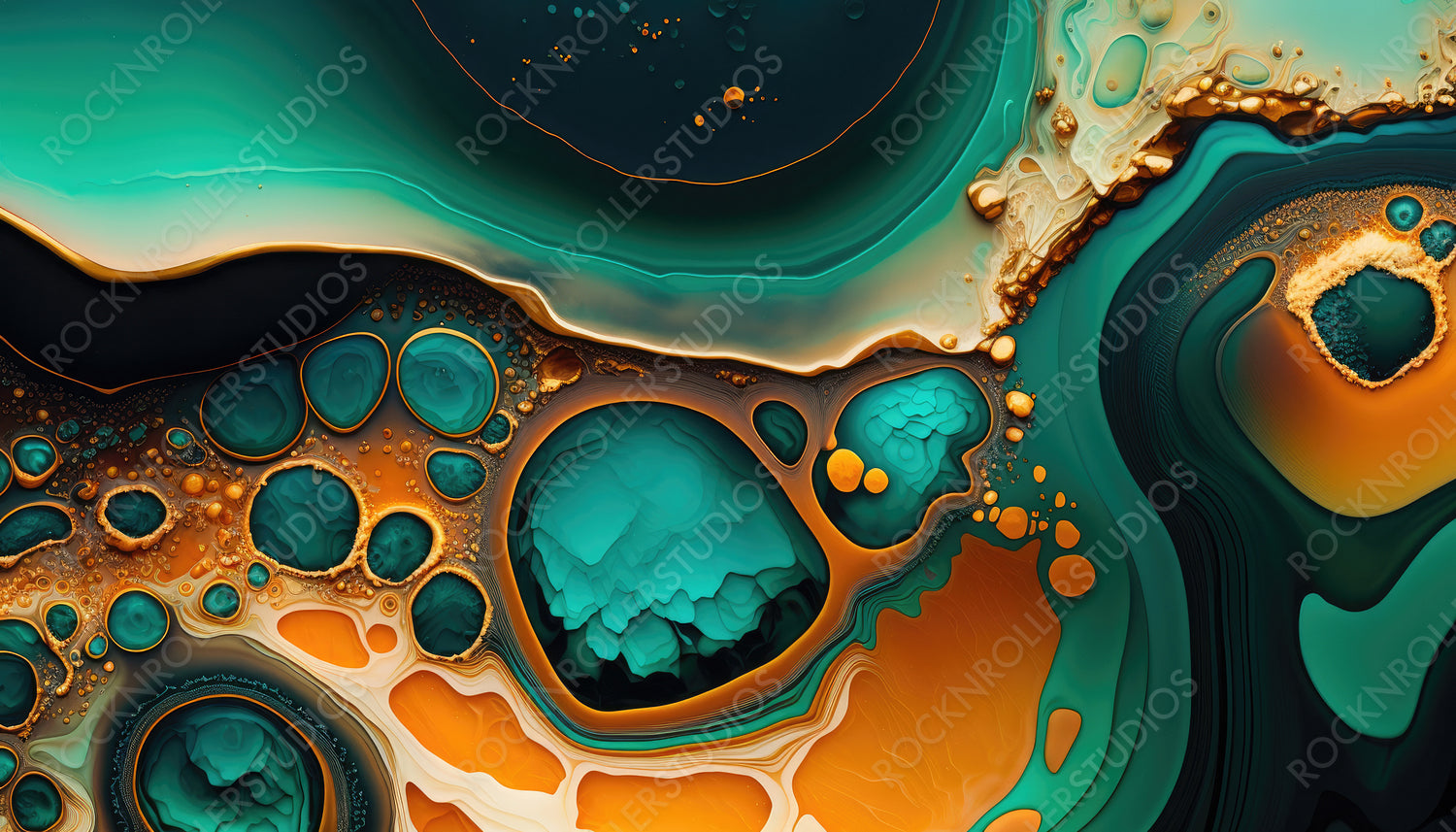 Beautiful Teal and Orange Paint Swirls with Gold Glitter. Abstract Acrylic Pour Background. Generative AI.