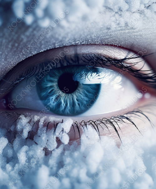 Open expressive blue eye with frost or snow on eyelashes macro close-up in winter. Bright sensual expressive artistic image.