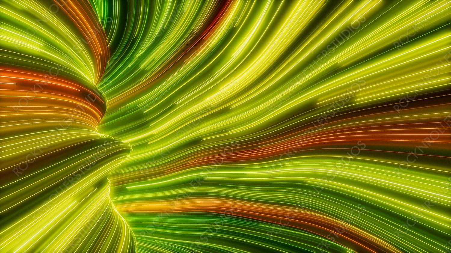 Green, Yellow and Orange Colored Stripes form Abstract Swoosh Tunnel. 3D Render.