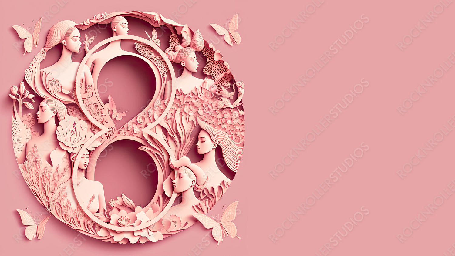 Paper Cut Design to Celebrate International Woman's Day. Lovely Pink Floral Wallpaper with Number 8, Flowers and copy-space. Generative AI.