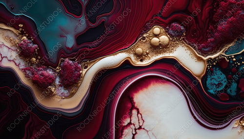 Contemporary Acrylic Pour Background. Paint Swirls in Beautiful Crimson colors, with Gold Powder. Generative AI.