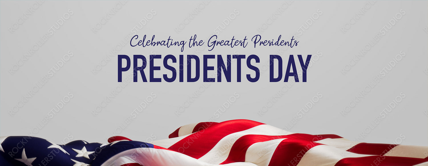 US Flag Banner with Presidents day Caption on White. Premium Holiday Background.