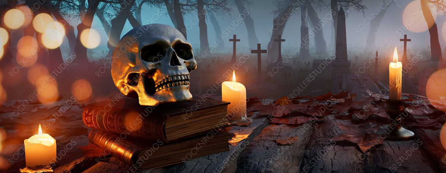 Halloween Background with Candles and Skull. Spooky Cemetery Tabletop.