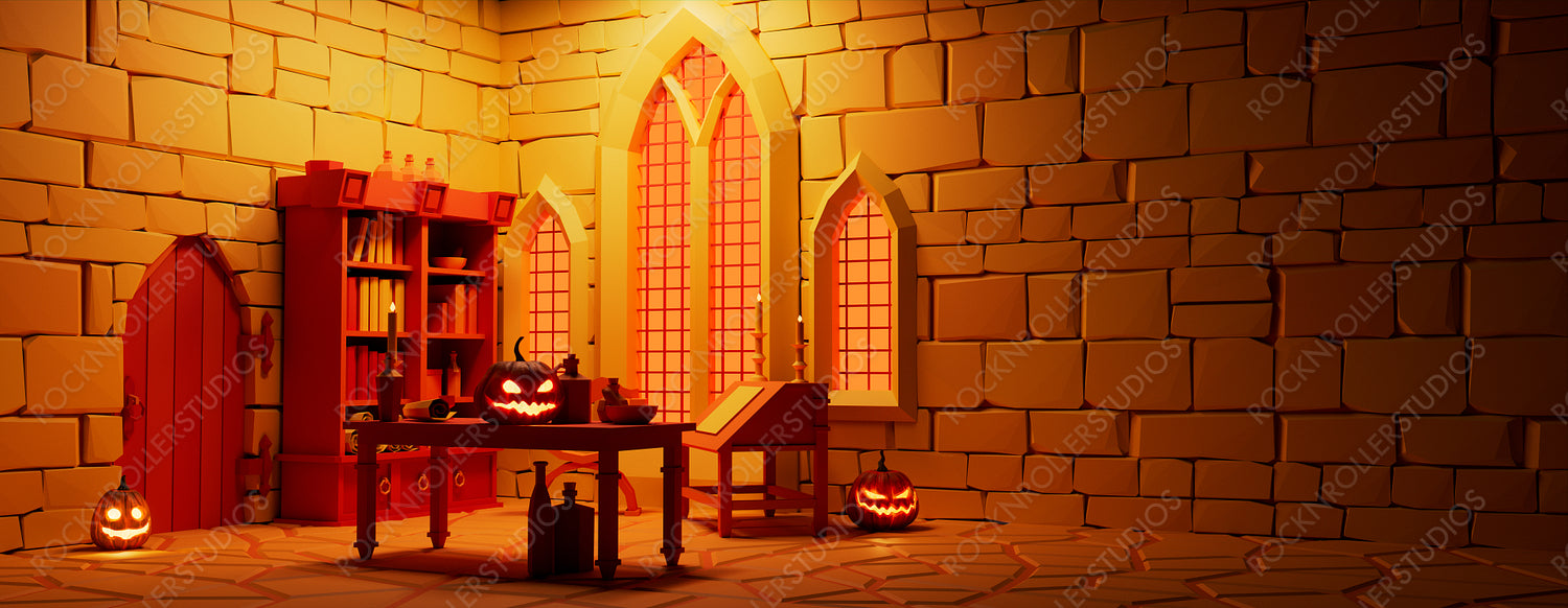 Jack O' Lanterns in Low Polygon Medieval Room. Halloween banner with copy-space.