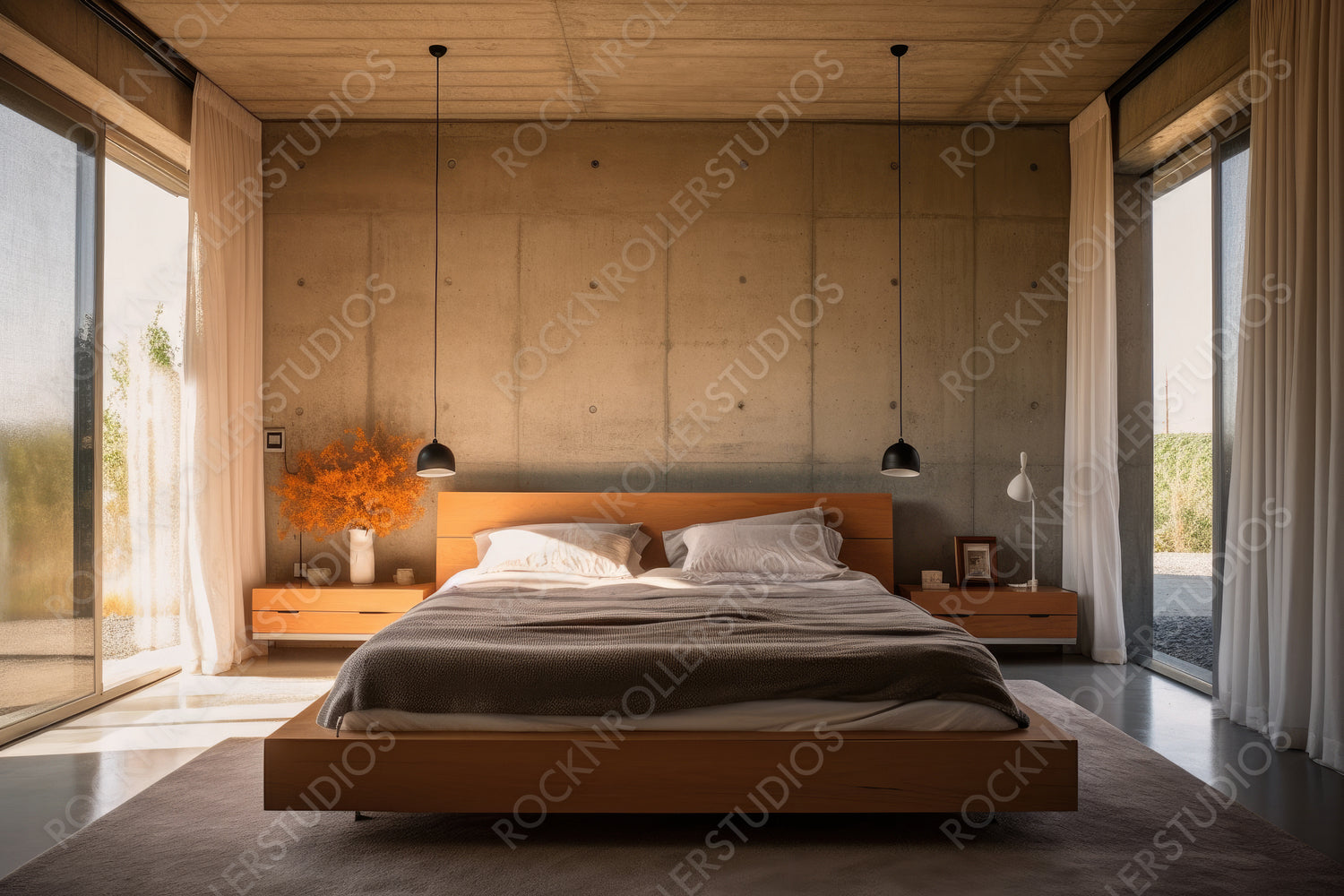 Minimal Bedroom. Stylish Interior Design Background. Generative AI.