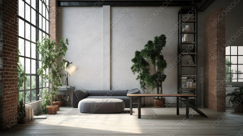 Industrial Interior Design Background. Contemporary Living Room. Generative AI.