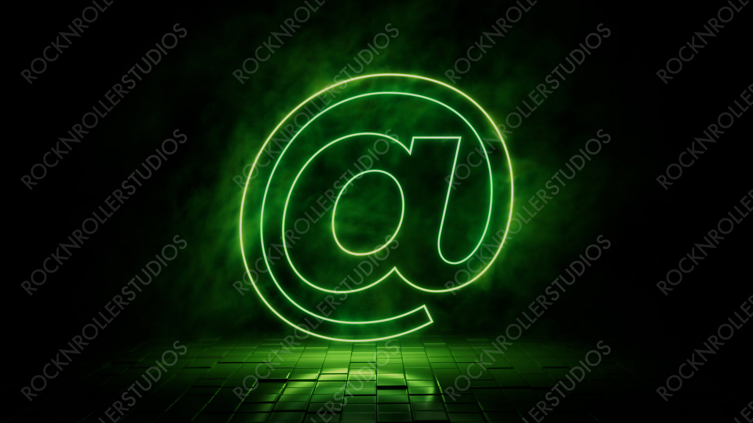 Green neon light @ icon. Vibrant colored technology symbol, isolated on a black background. 3D Render 