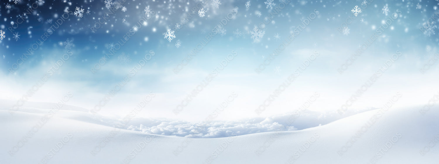 Winter snow background with snowdrifts, with beautiful light and snow flakes on the blue sky in the evening, banner format, copy space.