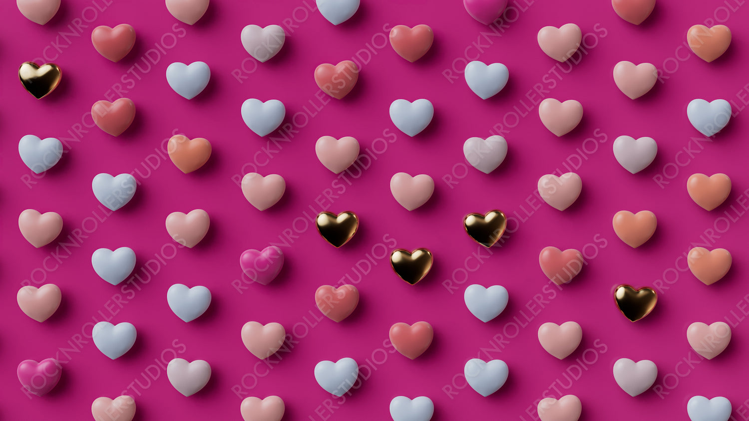 Multicolored Heart background. Valentine Wallpaper with Pink, Orange and Gold love hearts. 3D Render 