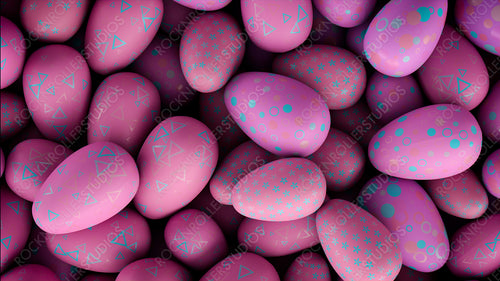 Multicolored, Easter Egg background. Beautiful Pink Eggs with Triangle, Spotted and Floral patterns. 3D Render