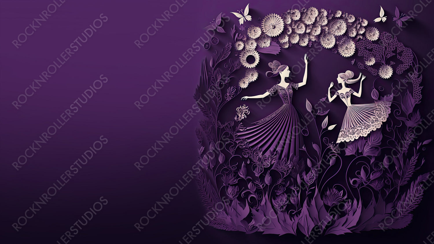 Purple Floral Wallpaper to Celebrate International Woman's Day. Beautiful Paper Cut Design with Dancing Ladies, Butterflies and copy-space. Generative AI