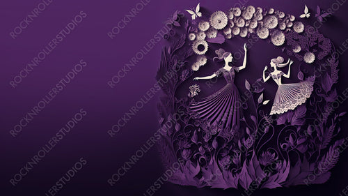 Purple Floral Wallpaper to Celebrate International Woman's Day. Beautiful Paper Cut Design with Dancing Ladies, Butterflies and copy-space. Generative AI