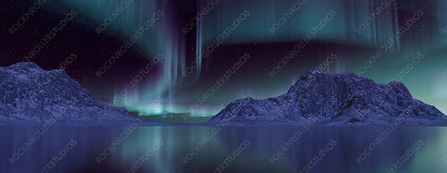 Green Aurora Borealis over Snow covered Landscape. Majestic Northern Lights Wallpaper with copy-space.