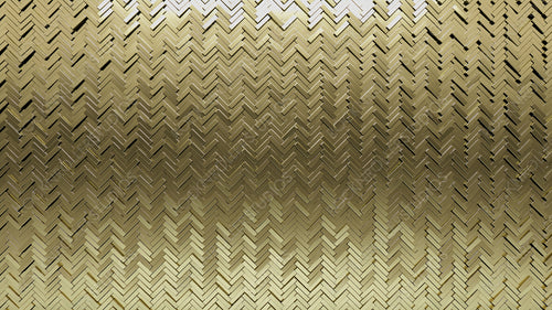 Herringbone Tiles arranged to create a 3D wall. Luxurious, Gold Background formed from Glossy blocks. 3D Render