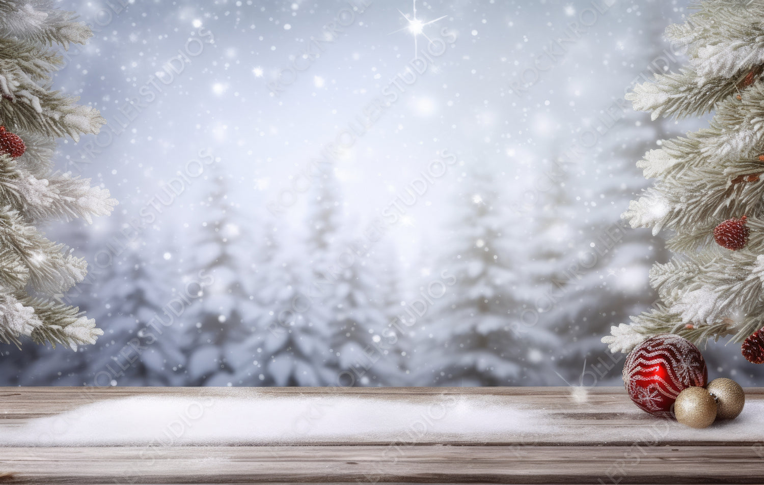 Winter christmas scenic  landscape background with copy space. Wooden flooring covered with snow in forest and Christmas tree on nature.