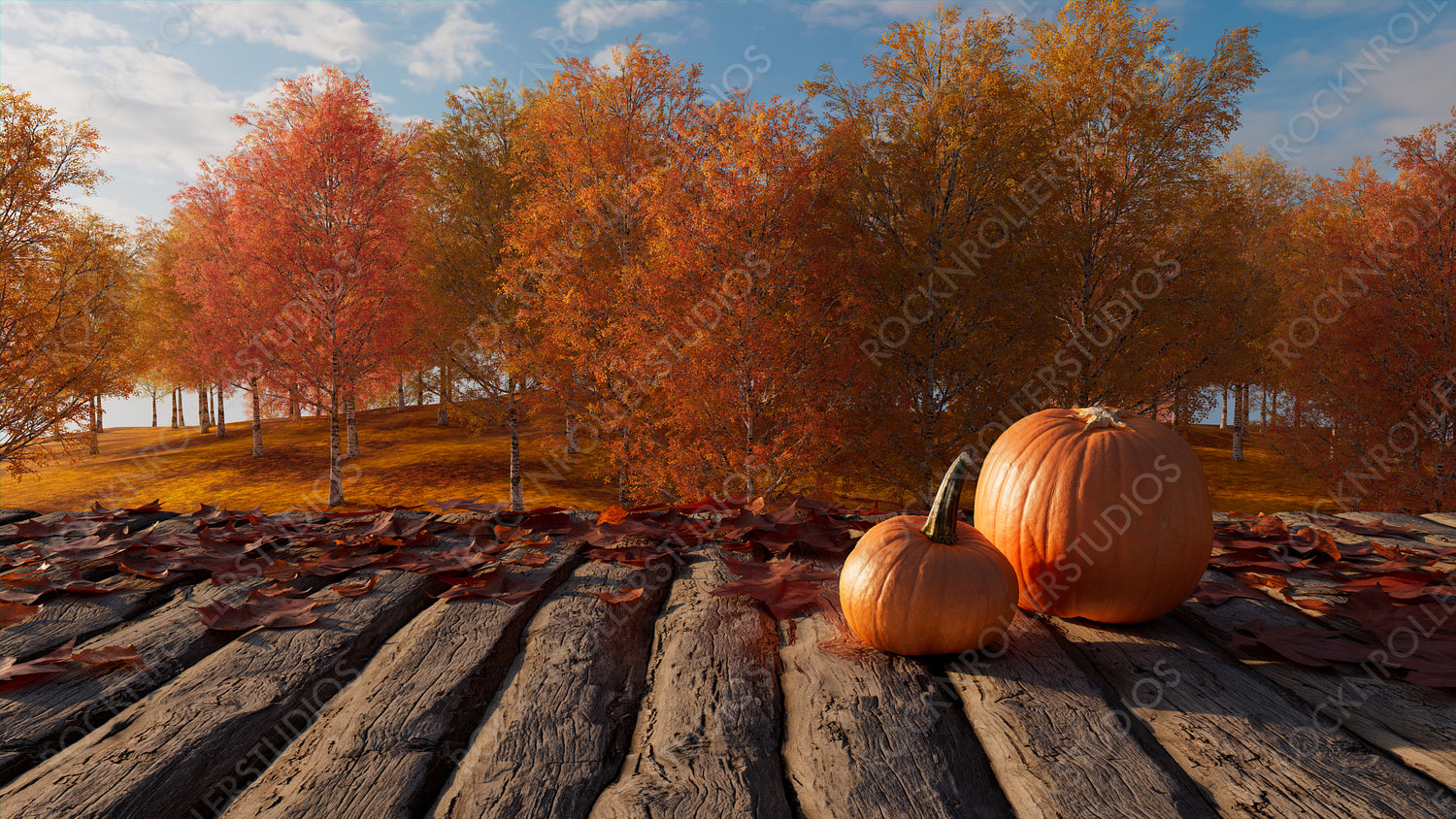 Fall Background with Leaves and Pumpkin. Seasonal Tabletop with copy-space.