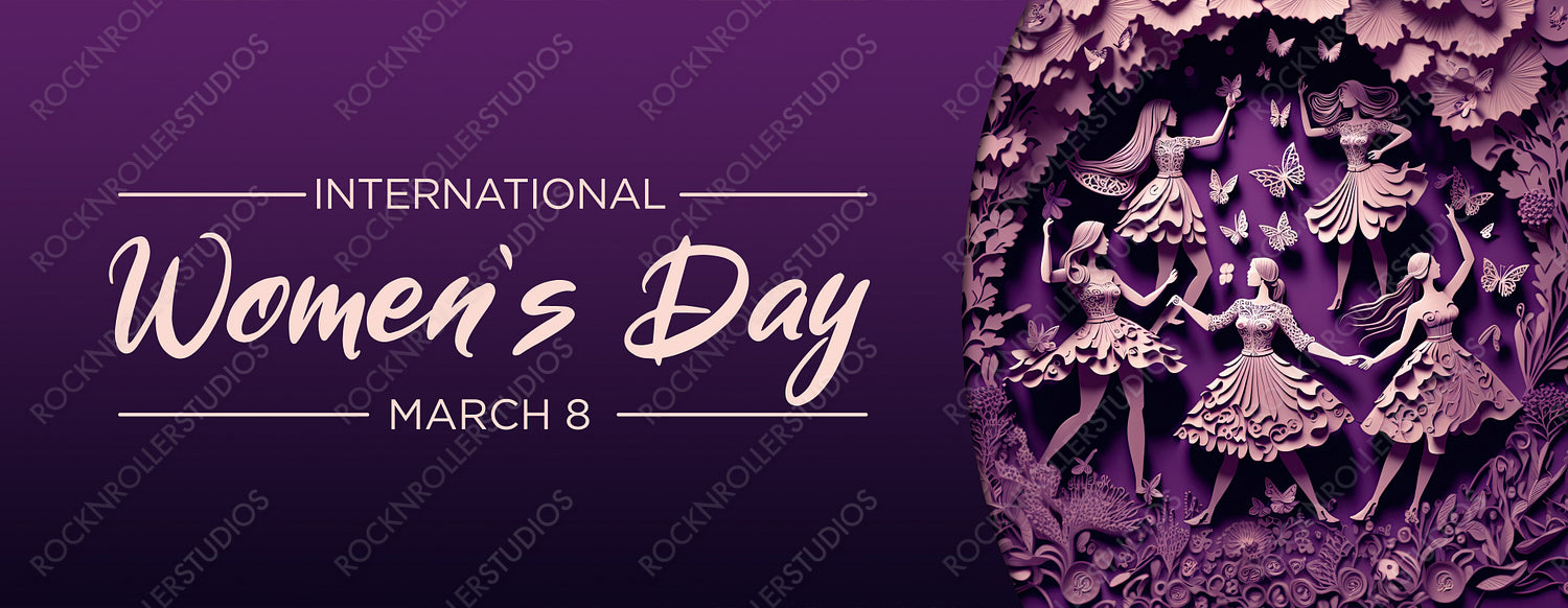 Paper Cut Design to Celebrate International Woman's Day. Premium Purple Floral Banner with Dancing Ladies, Butterflies and Caption. Generative AI.