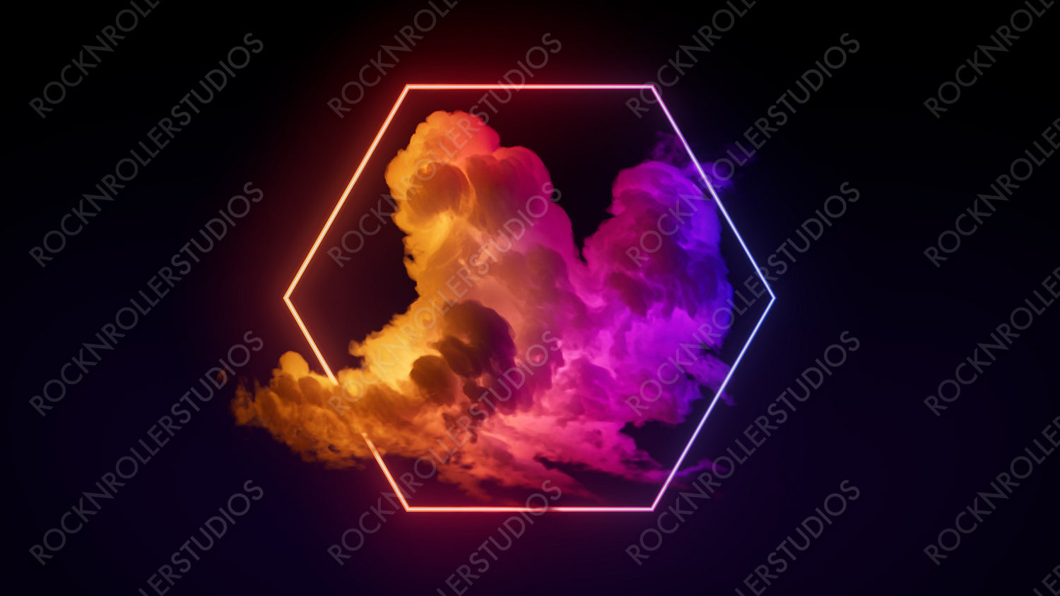 Cloud Formation Illuminated with Pink and Yellow Fluorescent Light. Dark Environment with Hexagon shaped Neon Frame.