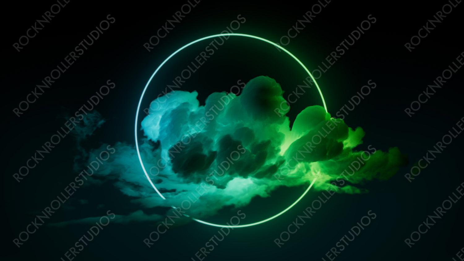 Cloud Formation Illuminated with Green and Turquoise Fluorescent Light. Dark Environment with Circle shaped Neon Frame.
