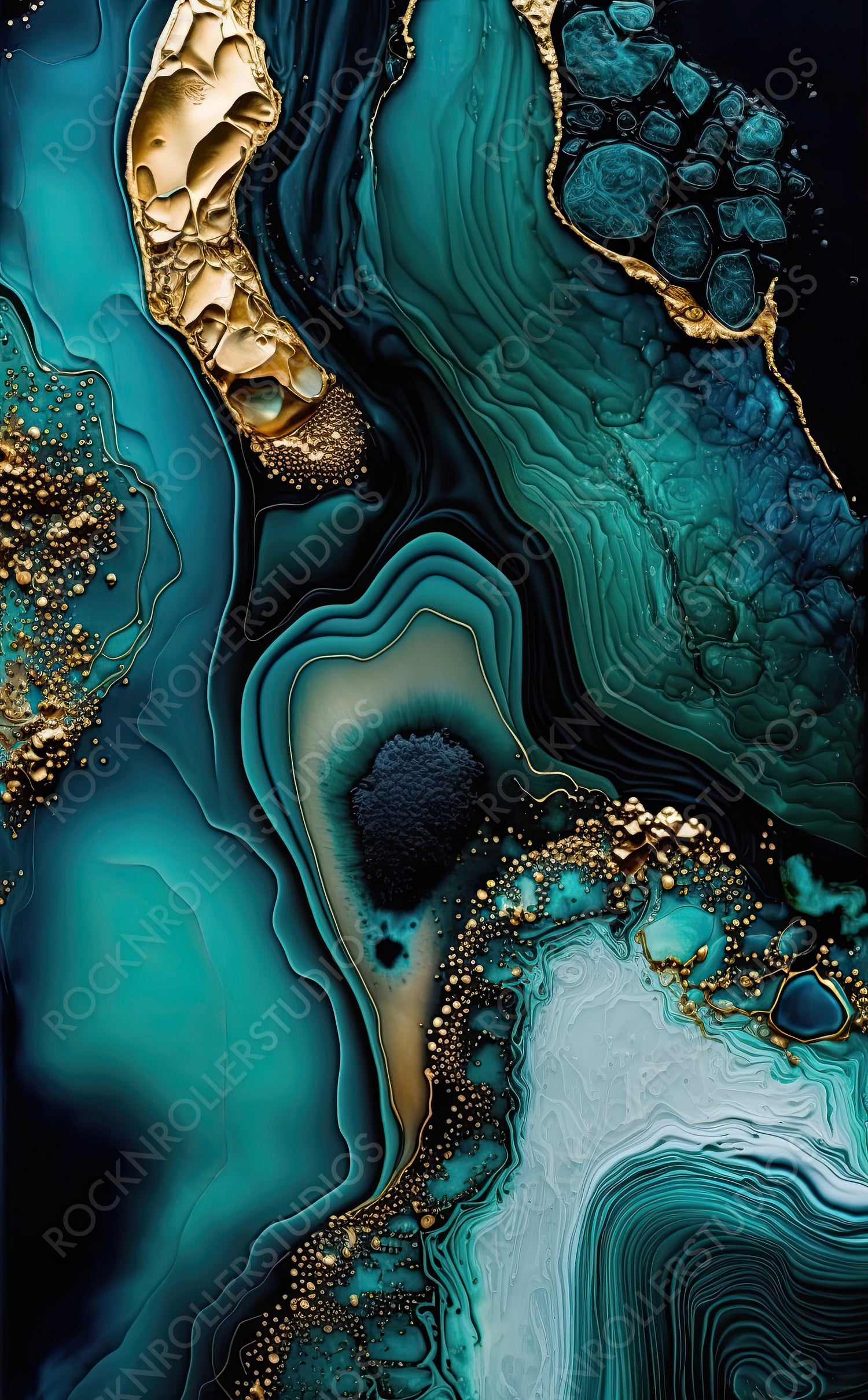 Contemporary Marbling Wallpaper. Paint Swirls in Beautiful Teal and Blue colors, with Gold Glitter. Generative AI.