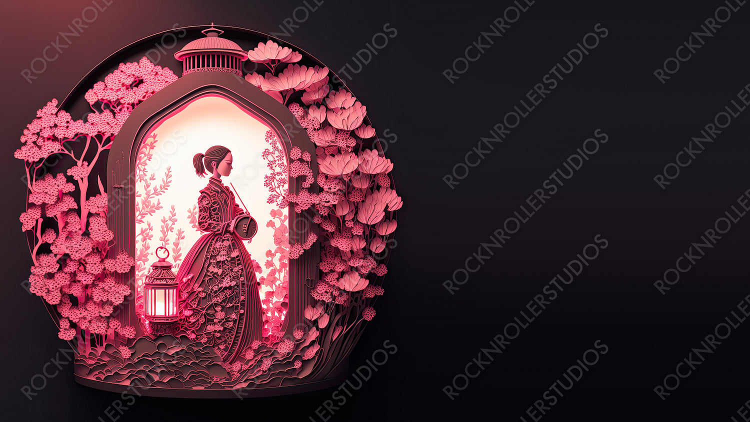 Woman in a Pink Floral Design. Lovely Paper Cut Wallpaper with Lanterns and copy-space, to Celebrate International Woman's Day. Generative AI