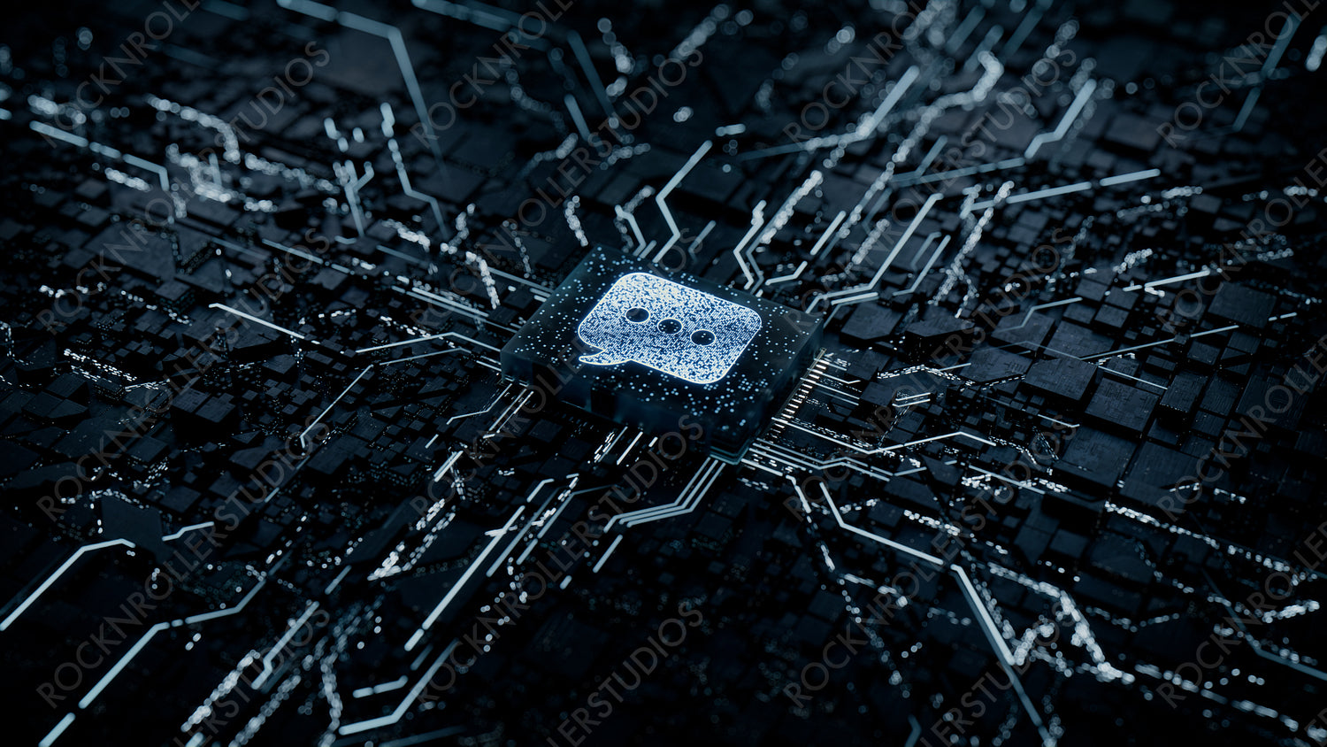 Text Technology Concept with sms symbol on a Microchip. Data flows from the CPU across a Futuristic Motherboard. 3D render.