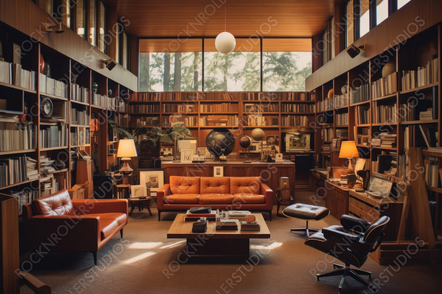 Stylish Interior Design Background. Mid Century Library. Generative AI.