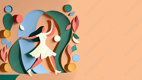 Lively Paper Craft Background to Celebrate International Woman's Day. Multicolored Geometric Design with Dancing Woman, Abstract Shapes and copy-space. Generative AI.
