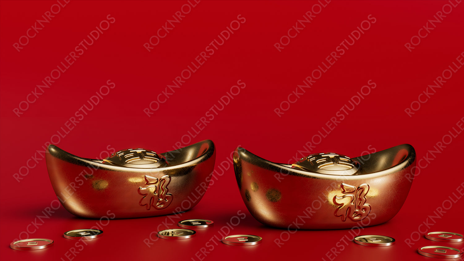 Chinese Ingots surrounded by gold coins. Chinese New Year Prosperity Concept with Copy Space.