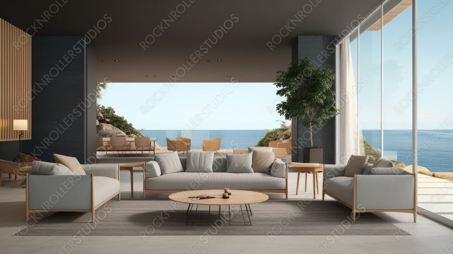 Scandi Interior Design Background. Contemporary Living Room. Generative AI.