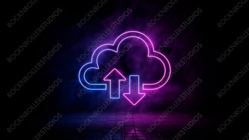 Pink and blue neon light cloud icon. Vibrant colored data storage technology symbol, isolated on a black background. 3D Render