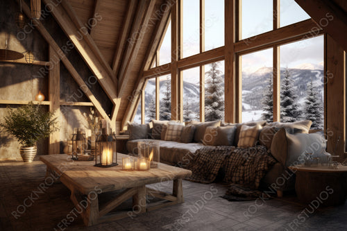 Cozy Interior Design Background. Stylish Ski Chalet. Generative AI.