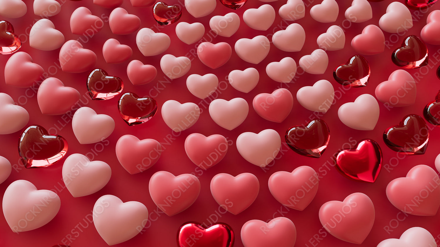 Pink, Red Metallic and Red Glass 3D Hearts arranged in the Shape of a Spiral. Contemporary Valentine's Day Background. 3D Render.