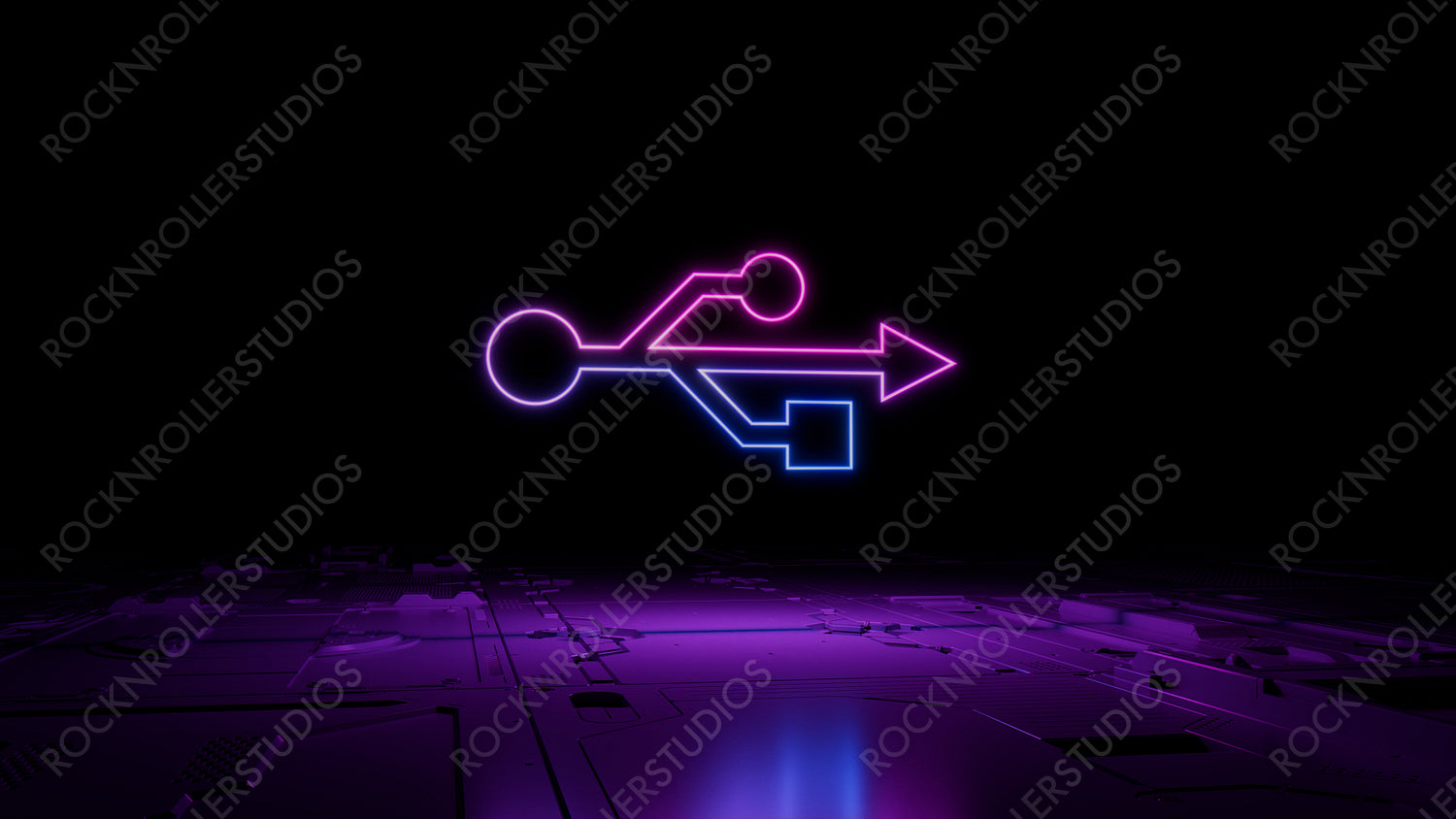 Pink and Blue neon light usb icon. Vibrant colored Interface technology symbol, on a black background with high tech floor. 3D Render