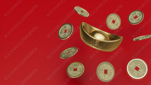 Golden Chinese Yuanbao with lucky coins. Chinese New Year Concept with Copy Space.