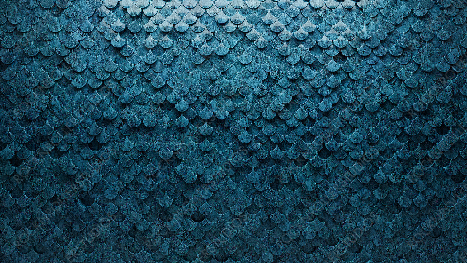 Polished, 3D Wall background with tiles. Fish Scale, tile Wallpaper with Textured, Blue Patina blocks. 3D Render