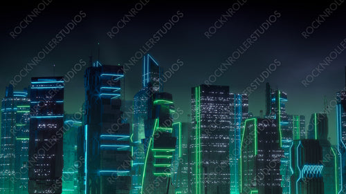 Cyberpunk Cityscape with Green and Blue Neon lights. Night scene with Futuristic Skyscrapers.